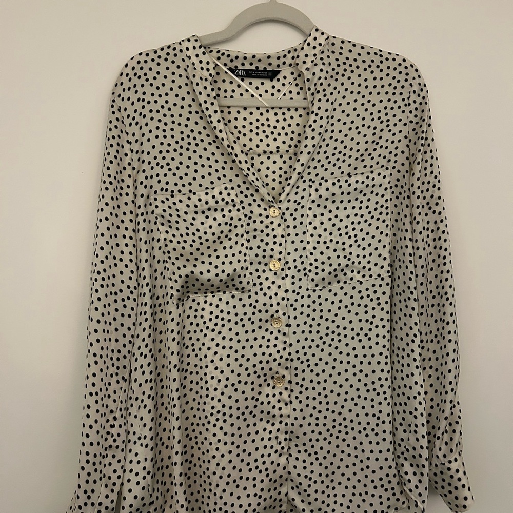 Zara Black and Cream Polka Dot Blouse